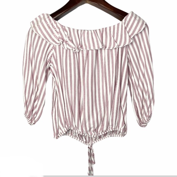 Pink Lemonade•striped off the shoulder 3/4 length button down crop top medium - Picture 3 of 6